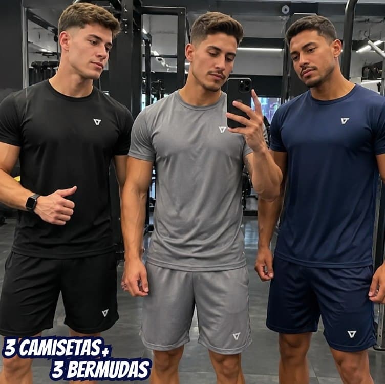 Kit Com 3 Conjuntos Academia Masculino Dry Fit Shorts+camisa