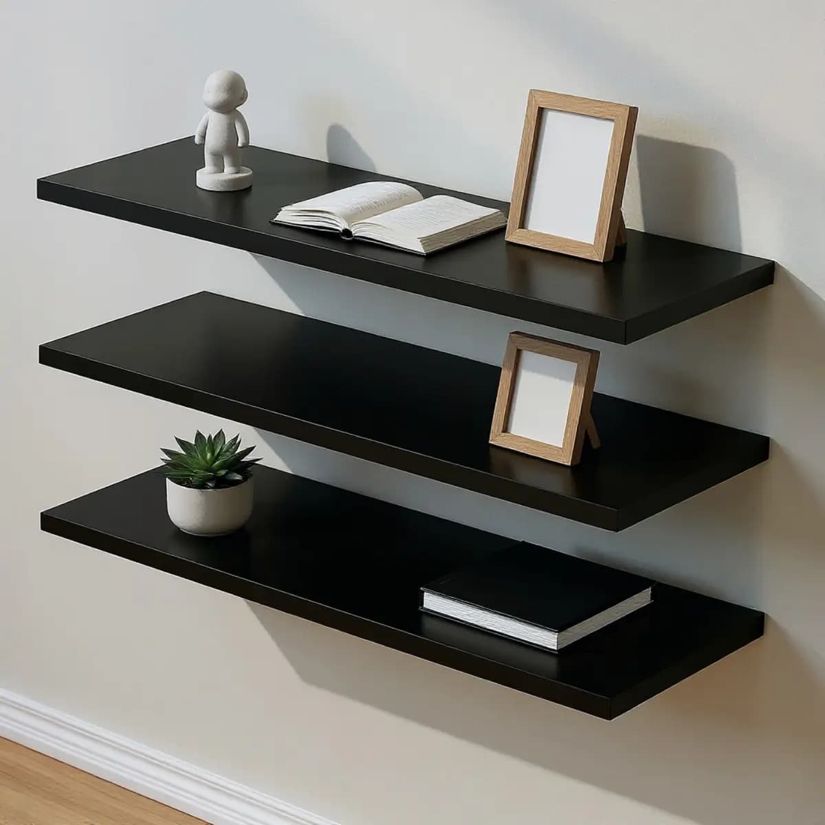Kit 3 Prateleiras MDF Pretas 60x20cm com Suporte Invisível